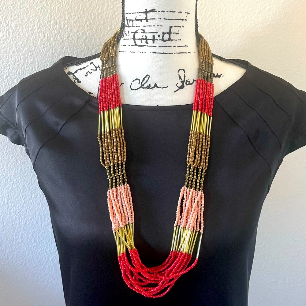 Vintage Bohemian 32” Woven Multi Strand  seed bead Earth Tone Bib necklace